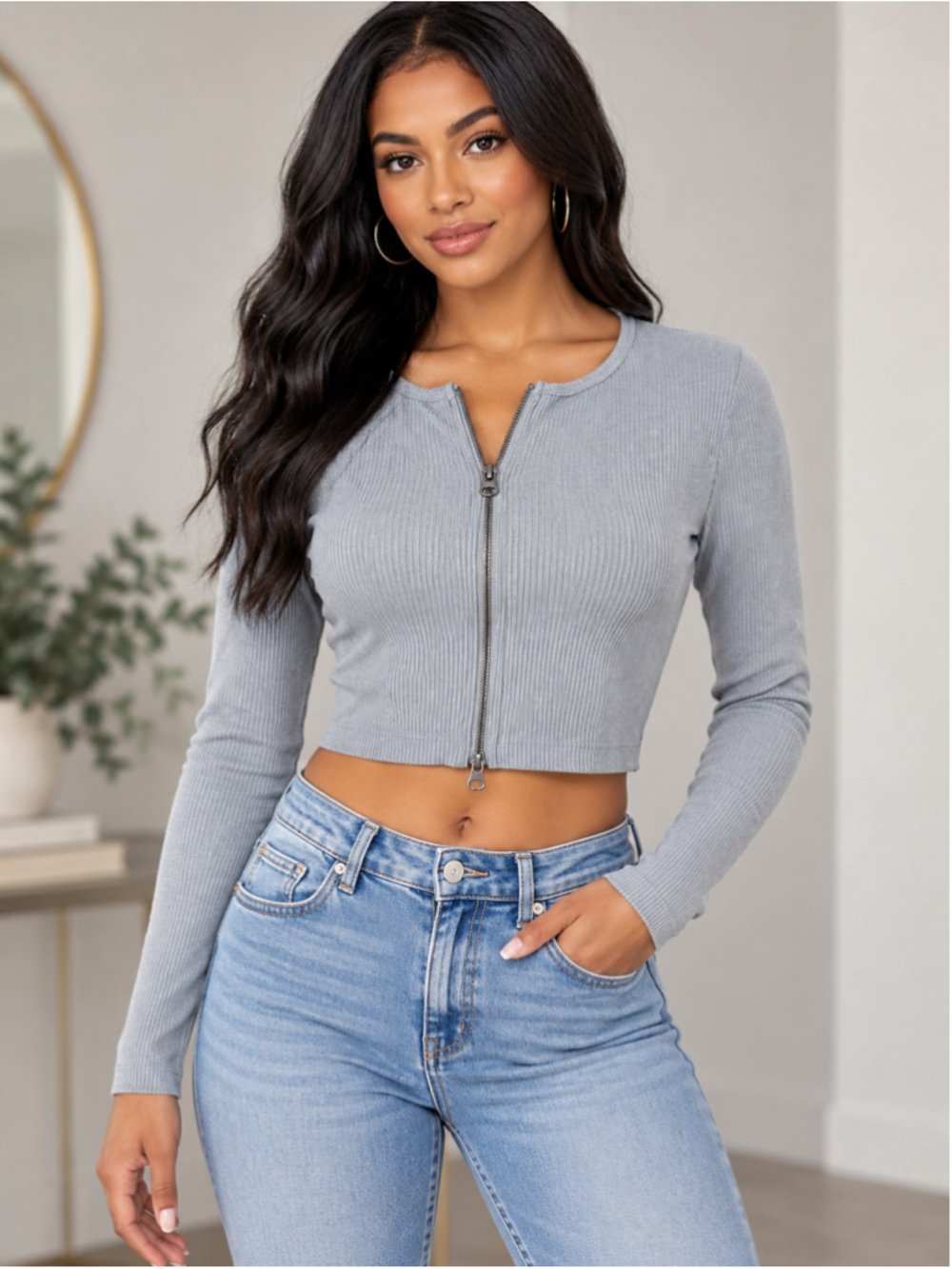 Forever 21 Harbor Gray Ribbed 2-Way Zip Crop Top – Size L – NWT